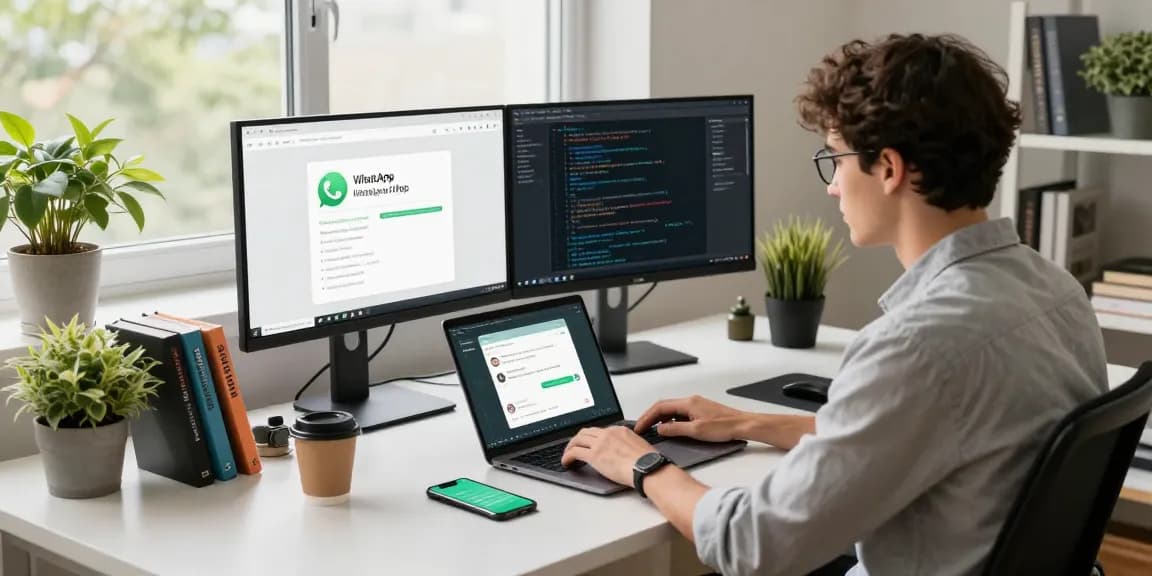 Developer using WhatsApp網頁版 at a modern tech workspace with dual monitors and natural light.