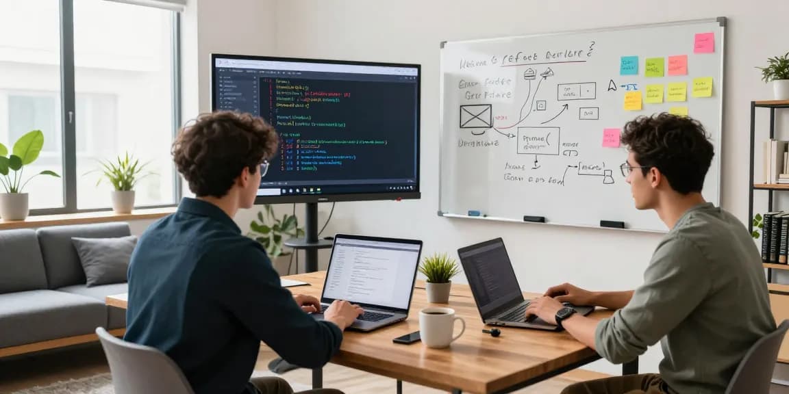 Advanced React developer course collaborative learning environment with developers discussing coding.