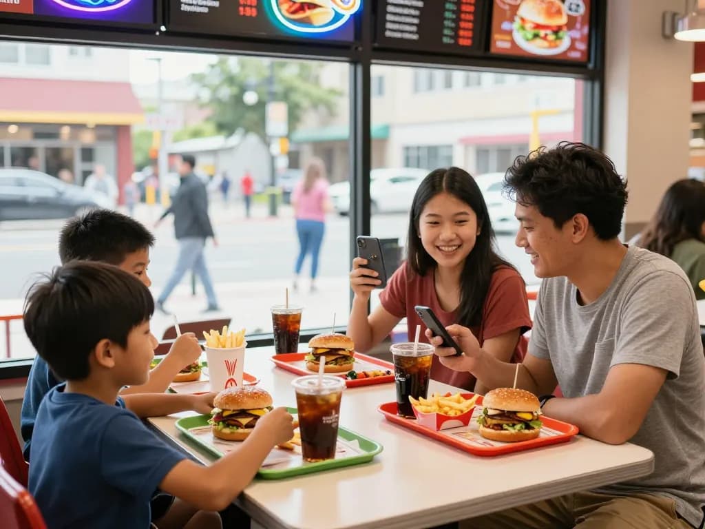 Cheerful family dining at a fast food restaurant discussing fast food prices.