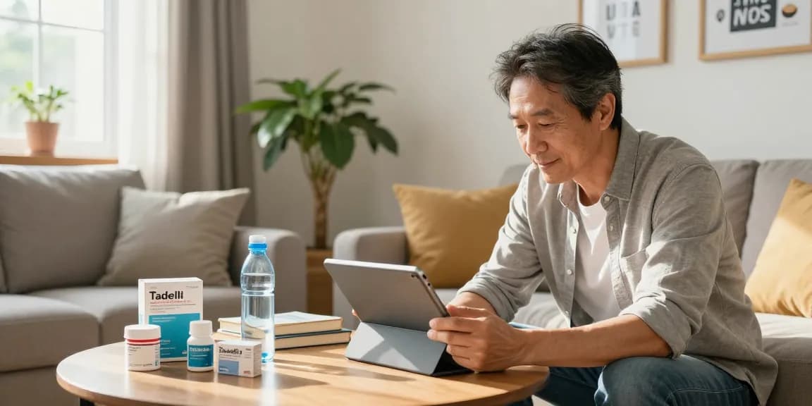 Tadalafil options and benefits explored by a man in a cozy living room, representing comfort and confidence.