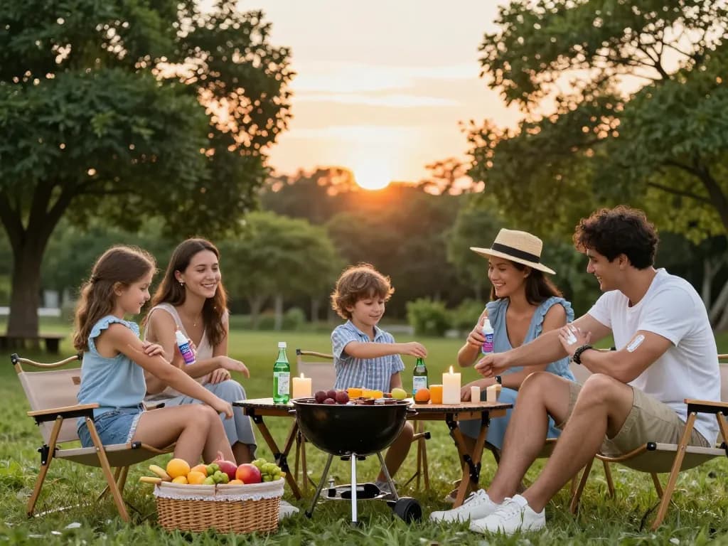 Family enjoying a summer picnic while applying the Best Mosquito Repellent to stay protected from bugs.
