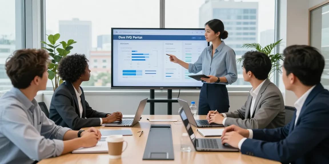 Team discussing Das IVQ Portal analytics in a modern office setting.
