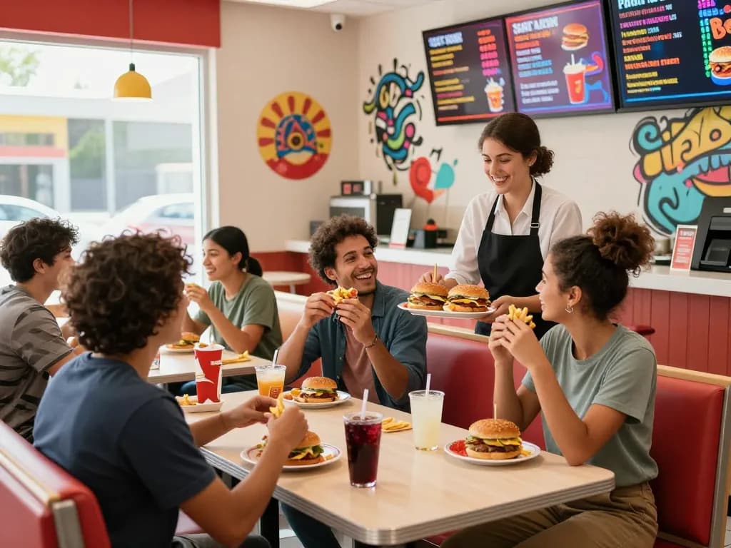 Group of friends enjoying diverse meals highlighting fast food prices at a vibrant restaurant.