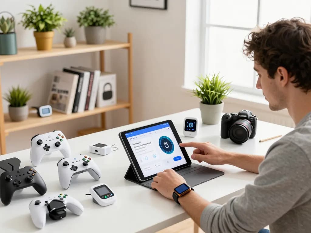 Innovative tech gadgets showcased in a dynamic workspace with a tech enthusiast using Bluetooth devices.