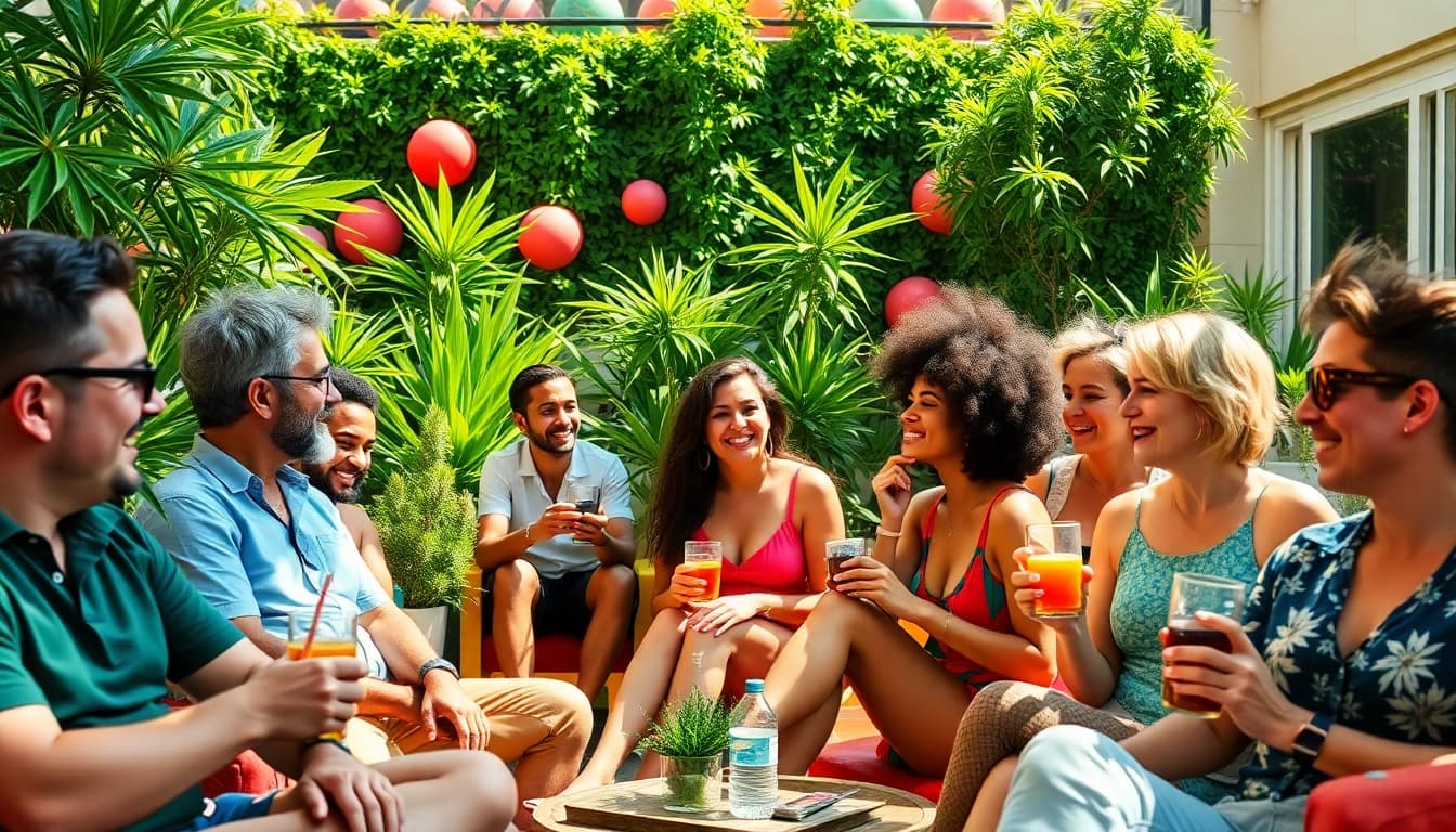 Guests enjoying the Lloret de Mar Cannabis Club in a warm, inviting outdoor setting filled with greenery.