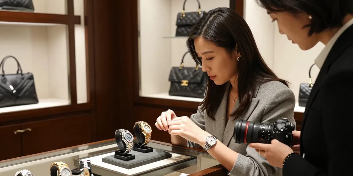 Examining super clone watches in a luxury boutique, showcasing elegance and sophistication.