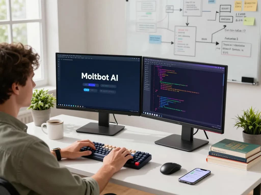 Developer using moltbot ai on dual monitors in a modern workspace.