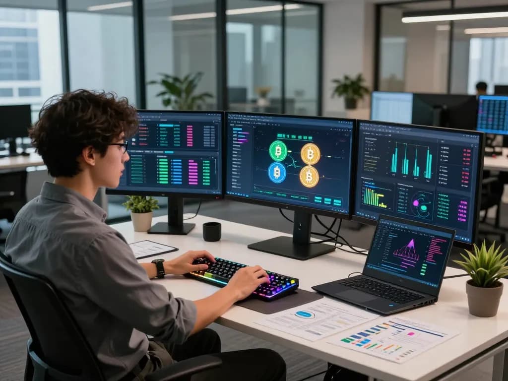 Innovative workspace showcasing iodefi cryptocurrency cloud mining with professionals using advanced technology and engaging in strategic planning.