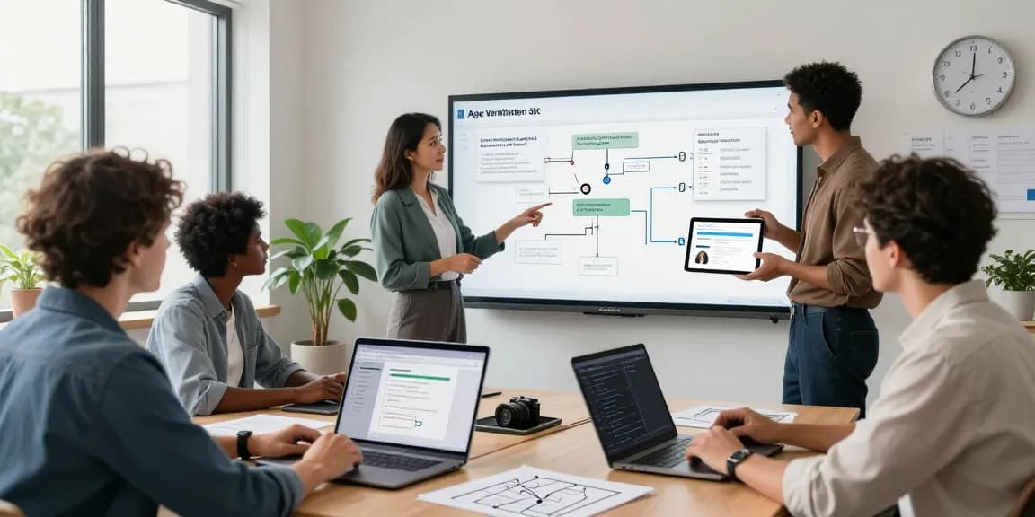 Team collaborating on an age verification system project, showcasing a modern office setup.