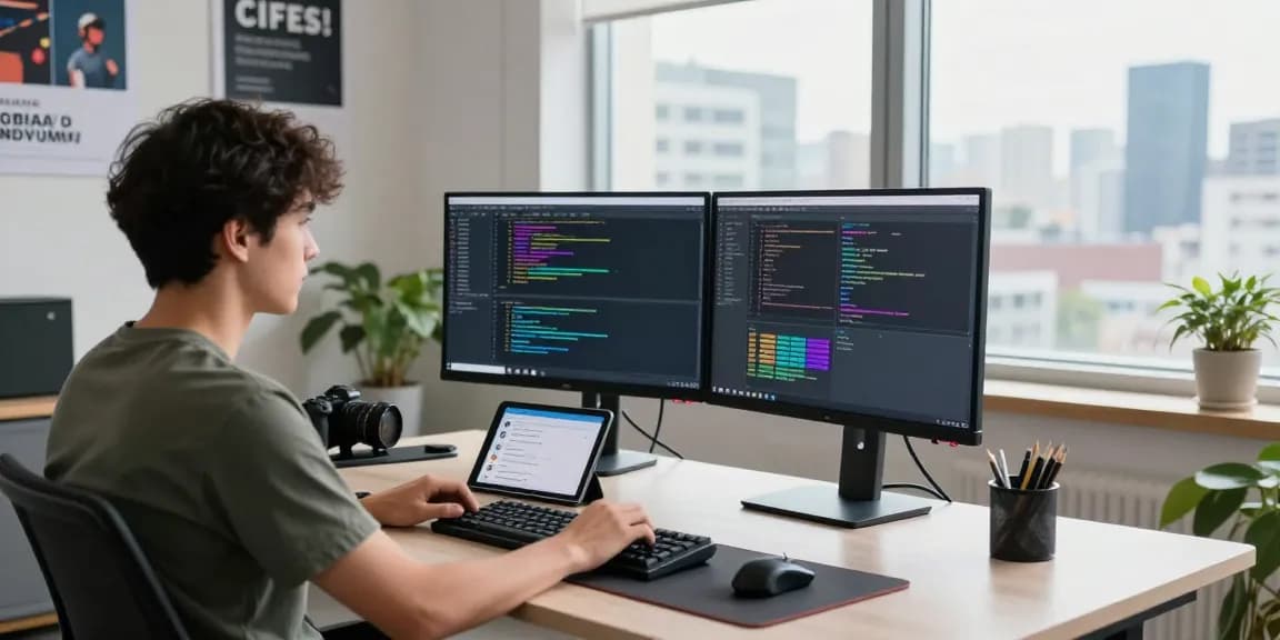 Developer coding at a modern workspace featuring telegram官网 integration for seamless communication.