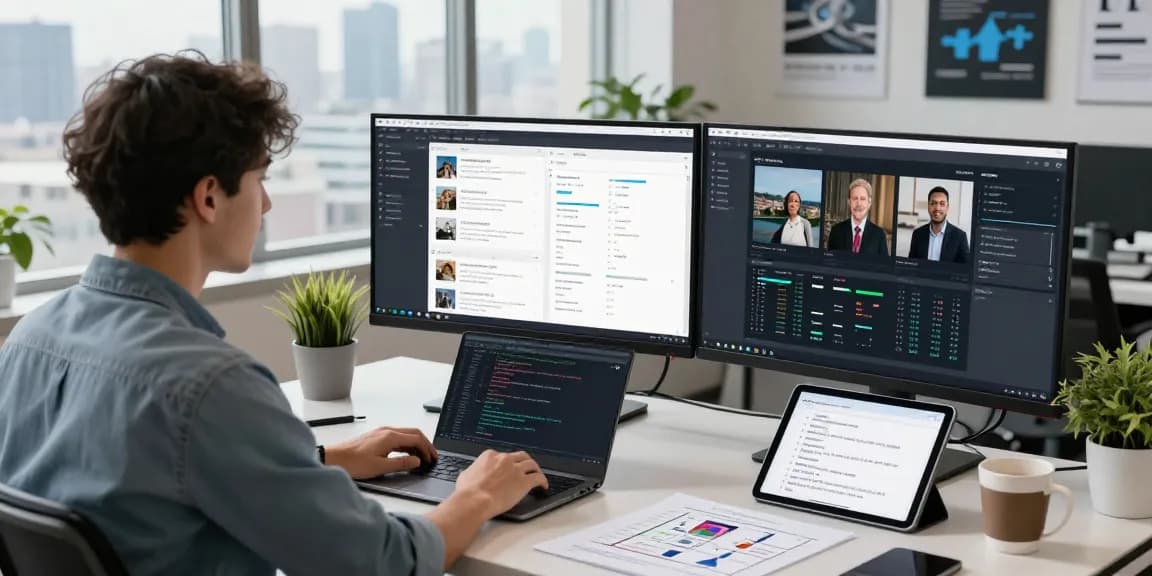 AI detector workspace with data analyst reviewing multimedia moderation metrics and dashboards in a modern office.
