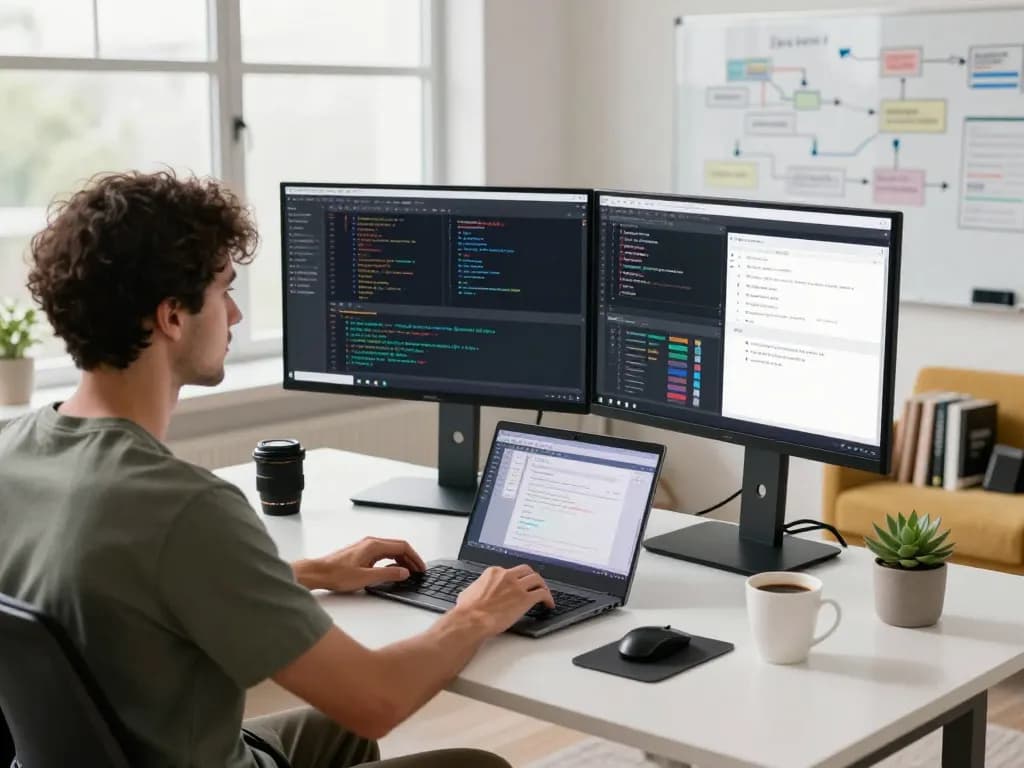 Developer using openclawd personal AI assistant at modern tech workspace with dual monitors.