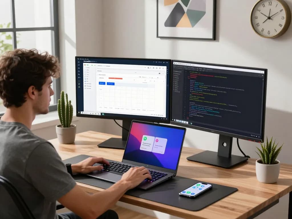 Developer using clawdbot ai on dual monitors in modern workspace with automation scripts and email management.