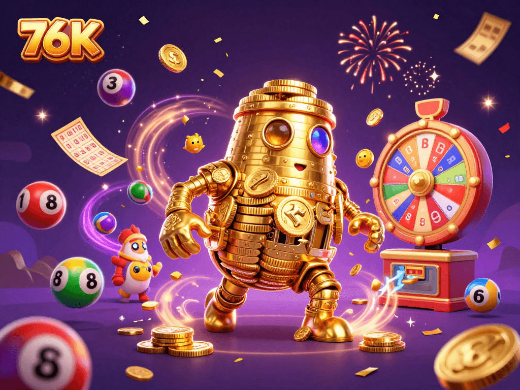 76K apresenta uma cena mágica de loteria com um golem dourado cercado por bolas coloridas.