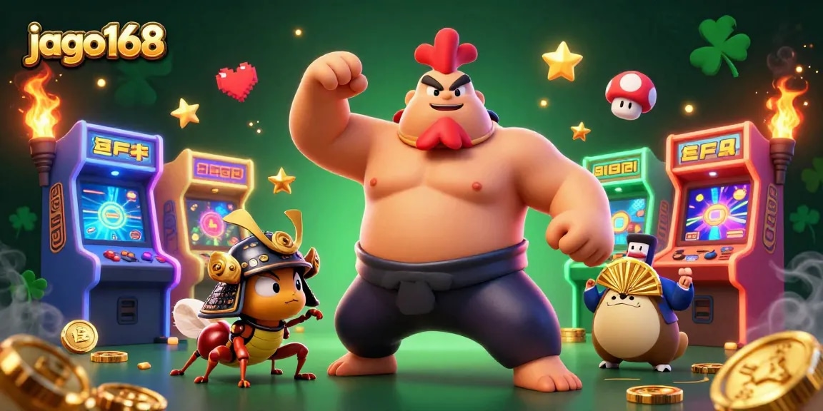 Experience thrilling gameplay at jago168 with a vibrant 3D casino scene featuring a powerful sumo rooster and dynamic game elements.