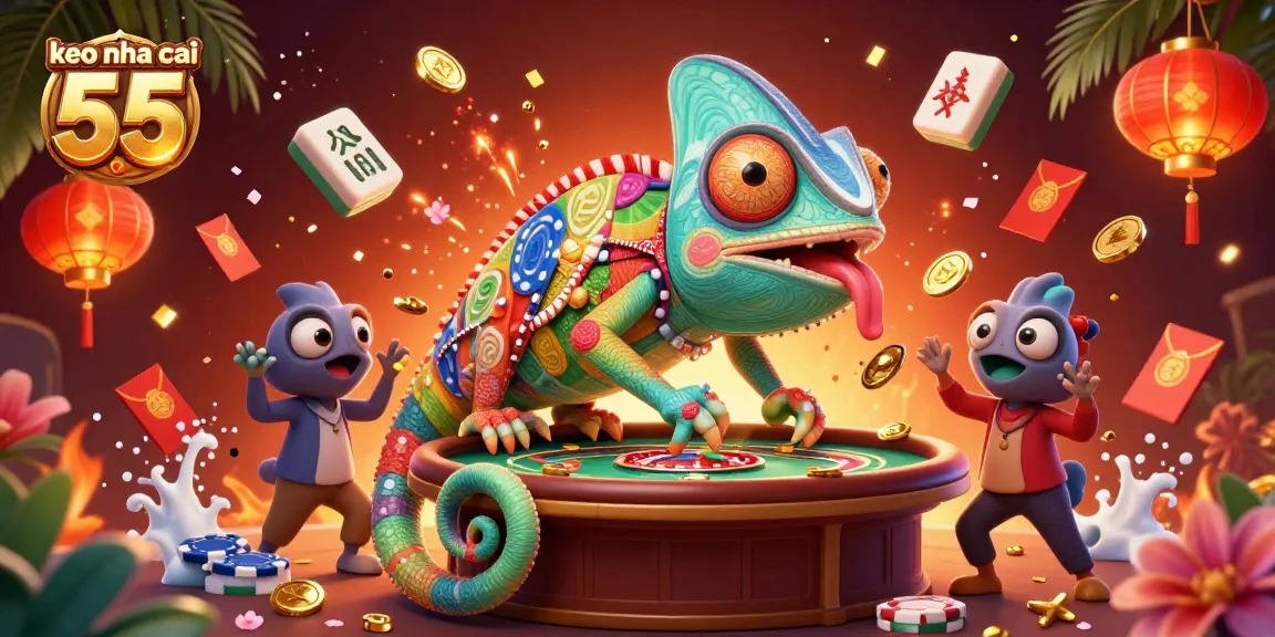 Exciting scene of a chameleon casino owner at keo nha cai 55, capturing winning moments with vibrant casino elements.