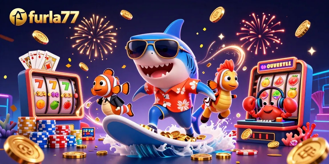 Experience the excitement of furla77 with 3D sharks surfing on gold coins, slot reels, and confetti!