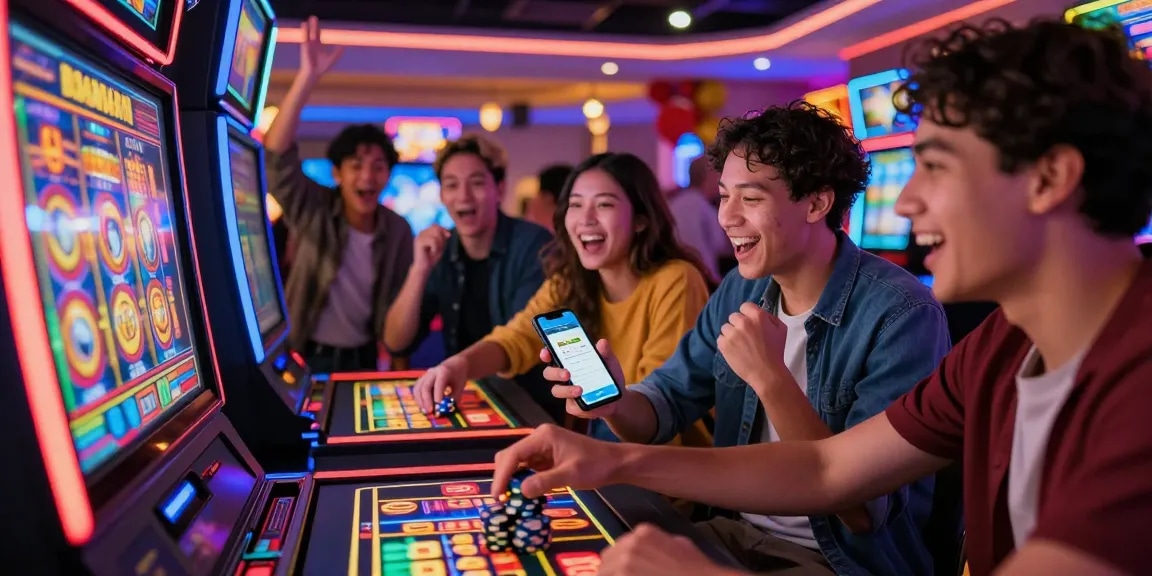 Group enjoying a casino slot machine, showcasing slot deposit dana payment interface and vibrant gaming atmosphere.