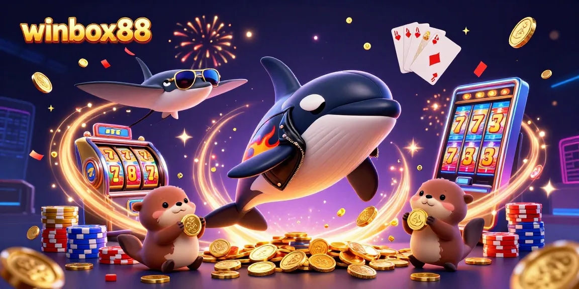 Experience thrilling wins at winbox88 with an exciting 3D casino scene featuring a jumping orca whale, cool stingray, and otters with golden coins.