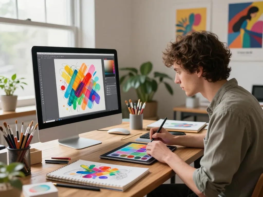 Creative artist designing vibrant nsfw ai visuals in modern studio
