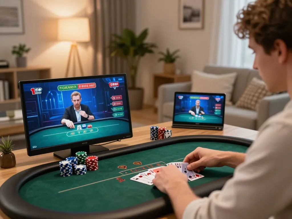 Người chơi chăm chú tại nhà sử dụng liên kết m88 cho poker trực tuyến, thể hiện lối chơi chiến lược với chip và bài