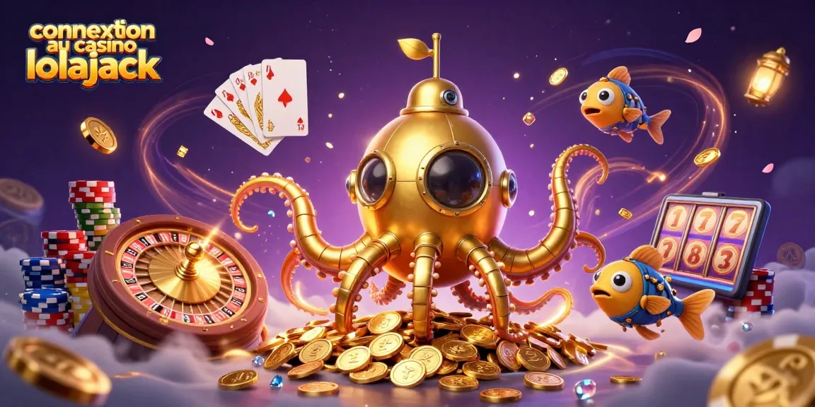 Découvrez l'univers fabuleux de connexion au casino lolajack avec une scène dynamique de jeux, pièces d'or et cartes gagnantes.