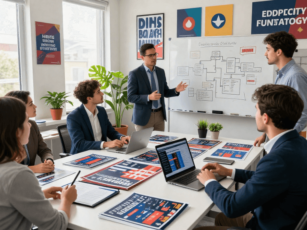 Political search advertising strategy session in a modern campaign office