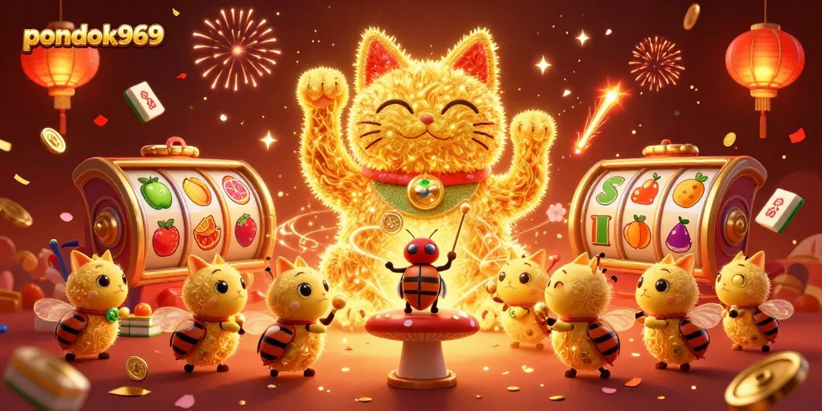 Pondok969 engages players with a vibrant illustration of a lucky cat and symbols amidst a festive casino setting.