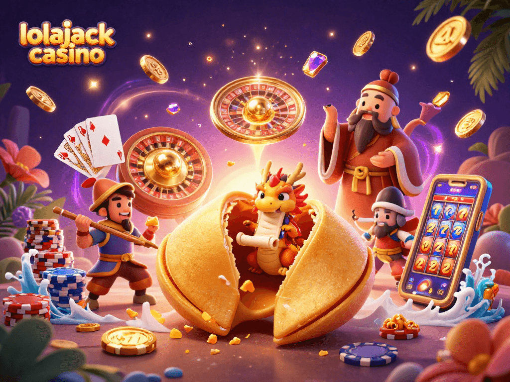 Experience the thrill of lolajack casino with a vibrant 3D illustration of fortune and fortune keepers.