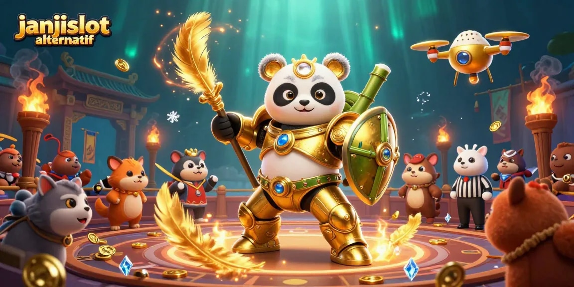 Engage with the vibrant janjislot alternatif casino theme featuring a mech-suit panda battling for thrilling rewards.
