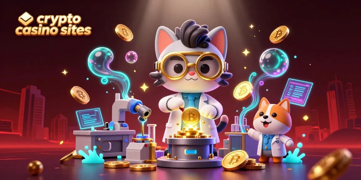 Gioca nei migliori crypto casino sites con un gatto scienziato in azione, mentre crea monete digitali.