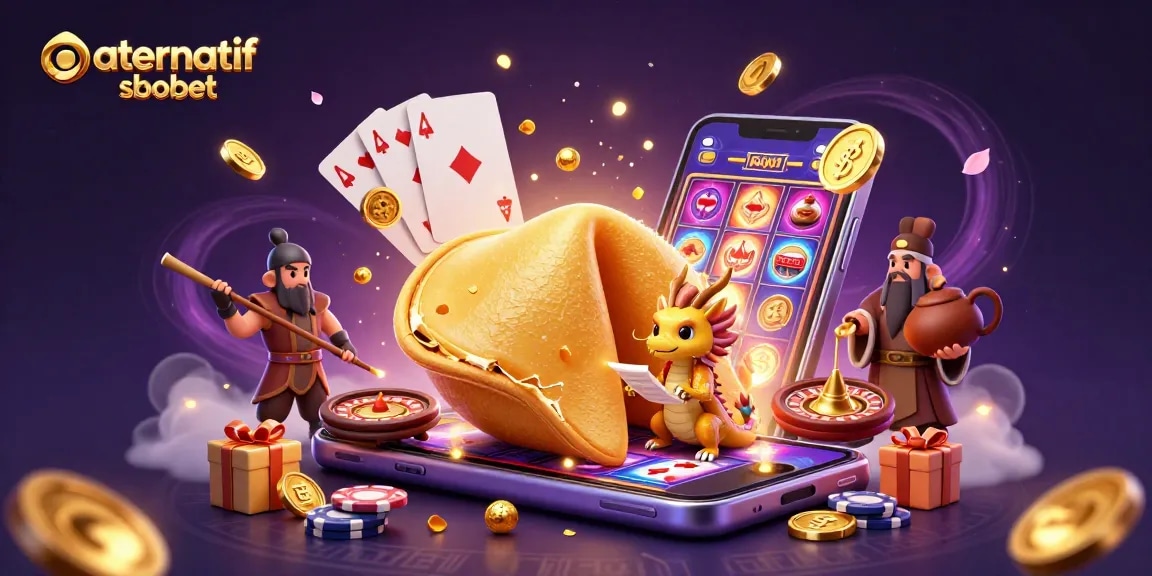 Play the alternatif sbobet featuring a giant golden fortune cookie and a wise dragon in a vibrant casino scene.