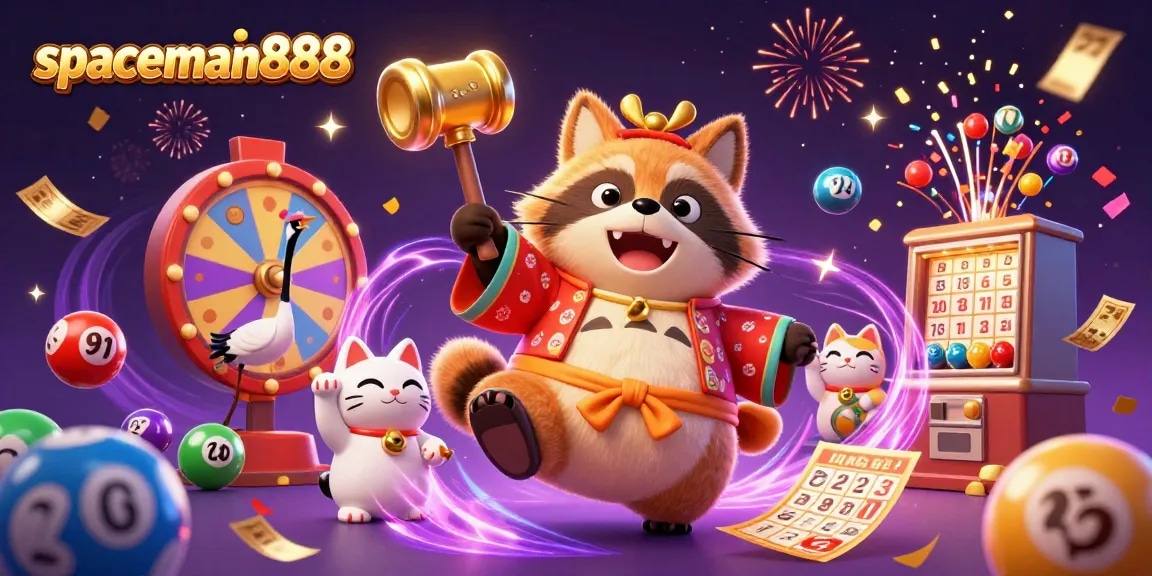 Experience thrilling gameplay with spaceman888's vibrant illustration of a raccoon and fortune cats celebrating luck!
