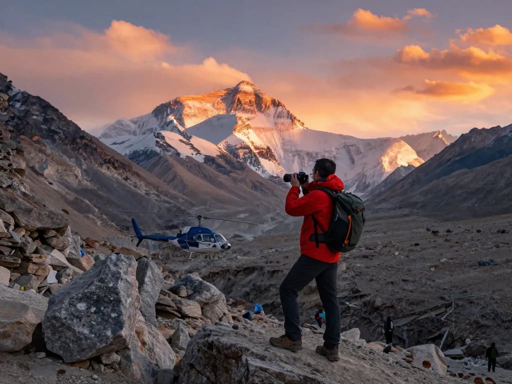 Everest Base Camp Heli Trek experience featuring a traveler capturing the majestic Himalayan landscape.