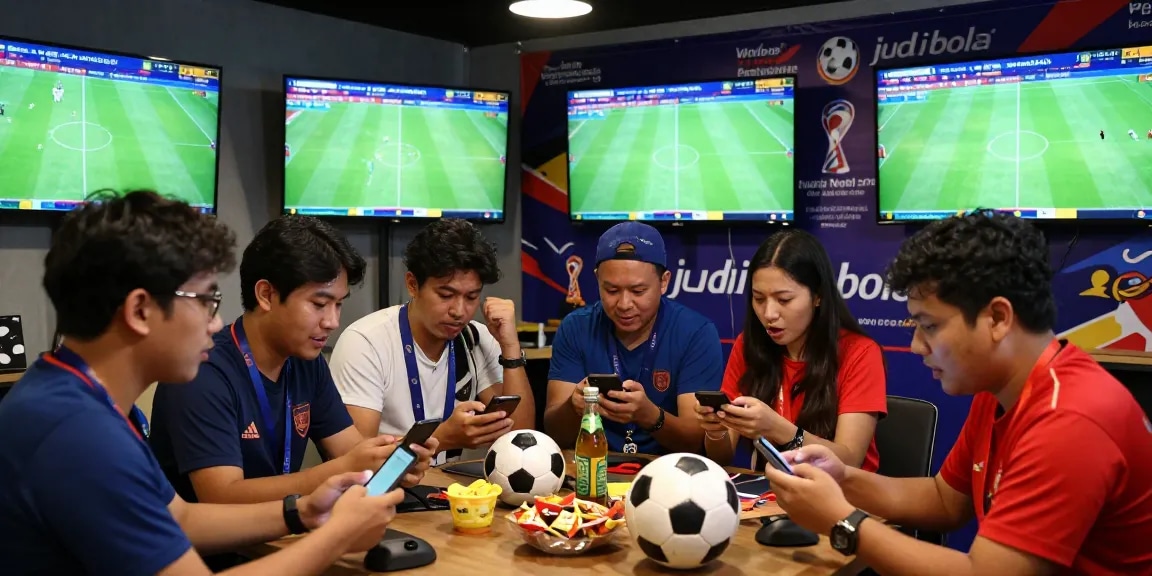 Exciting judi bola atmosphere with fans analyzing live betting during World Cup matches.