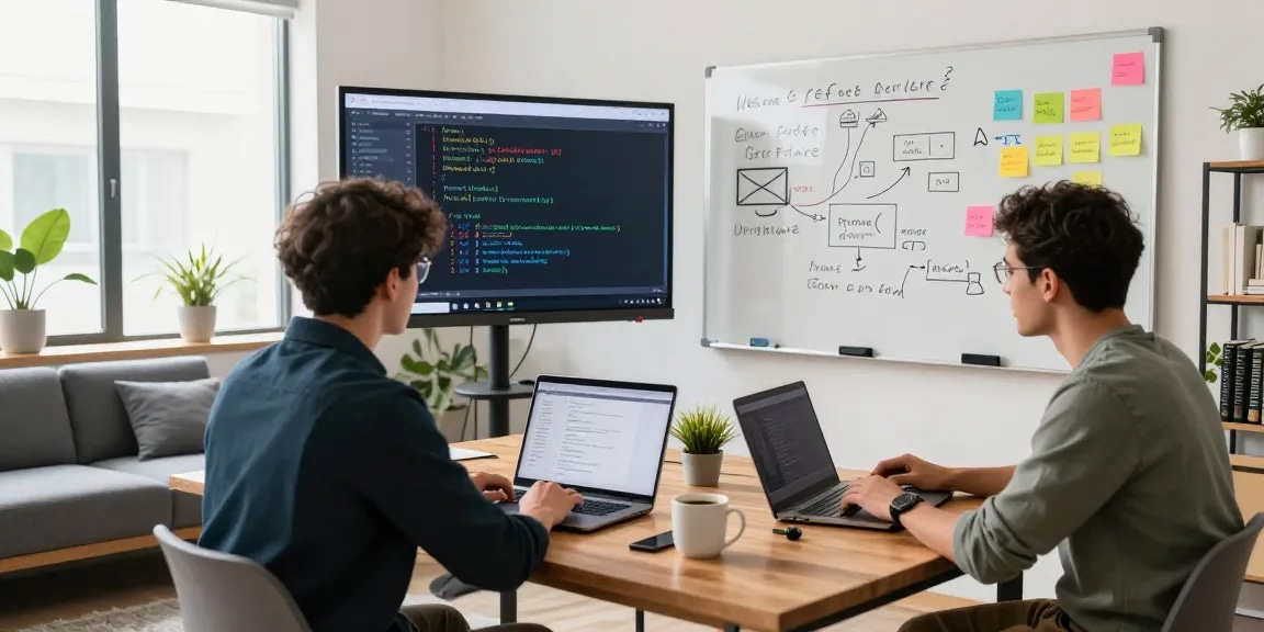 Advanced React developer course collaborative learning environment with developers discussing coding.