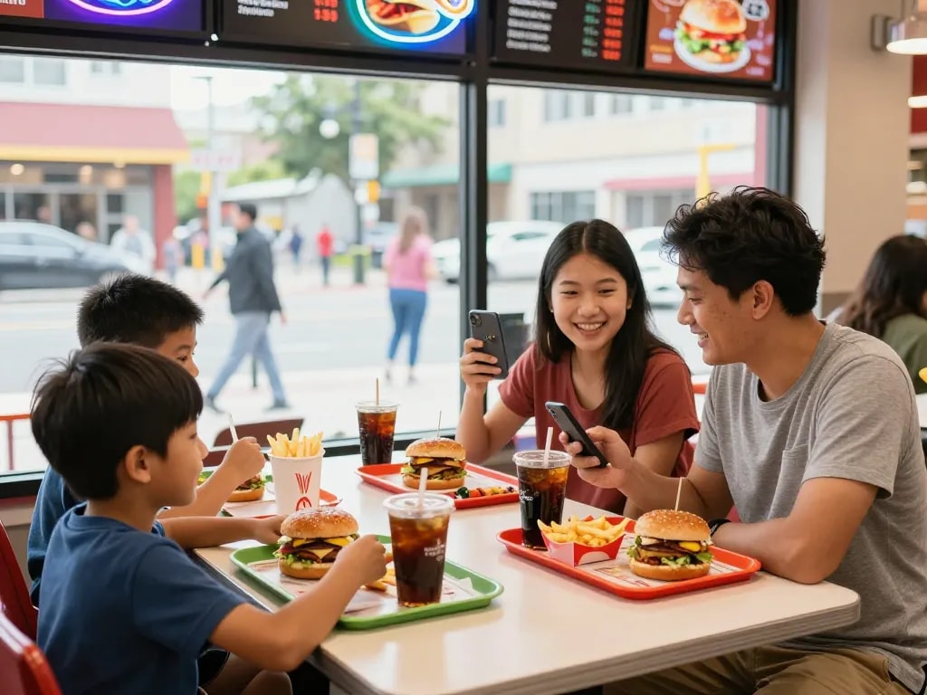 Cheerful family dining at a fast food restaurant discussing fast food prices.