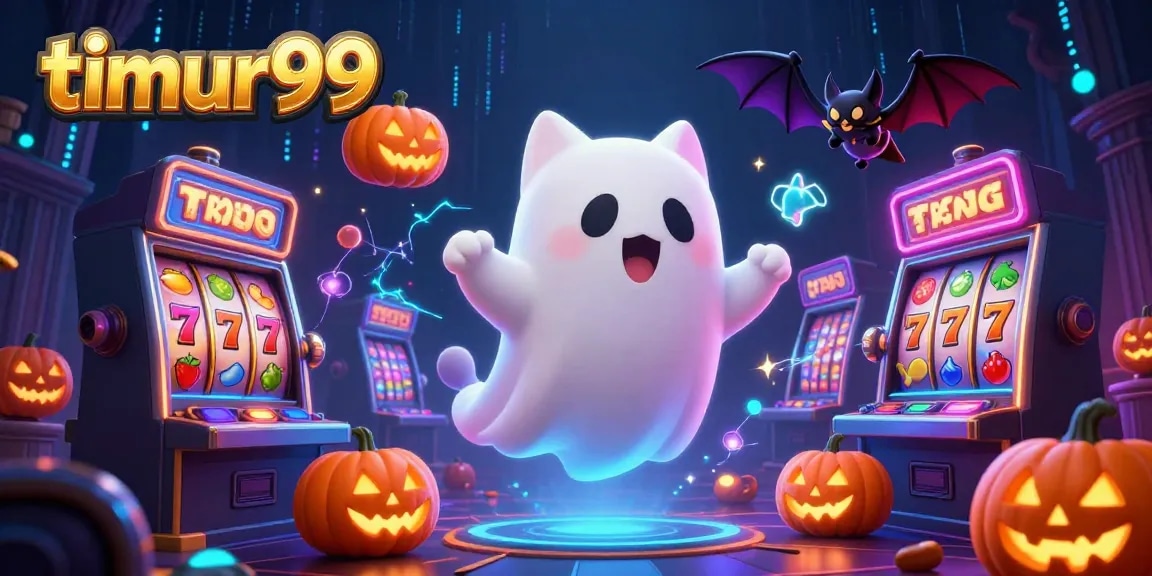 Join the thrilling action of timur99 with a ghost cat and vampire bat in a lively haunted casino scene.
