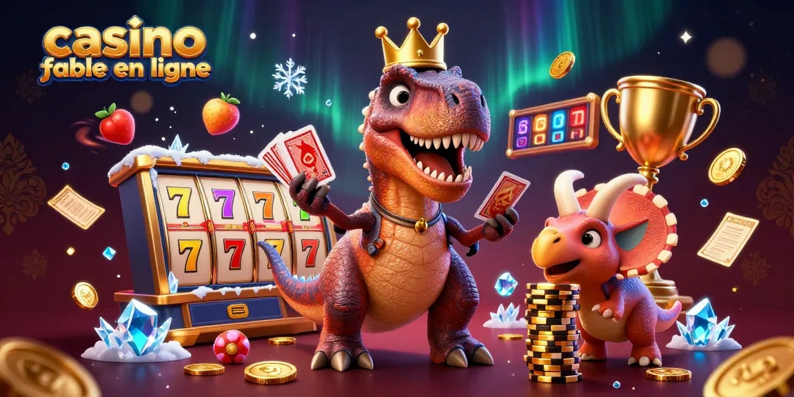 Jouer au casino fiable en ligne avec une illustration colorée de dinosaures et éléments de jeu.