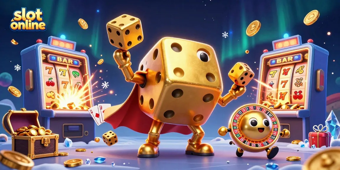 Slot online: JAJAL seru permainan jackpot dengan karakter dadu emas dan mesin slot.