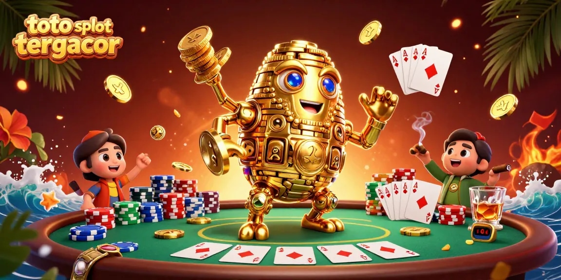 Toto slot tergacor challenges players at a vibrant casino scene, showcasing a dynamic golden golem amidst poker elements.