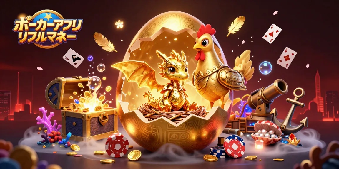 ポーカーアプリ リアルマネーの魅力を表現したイラスト、黄金のドラゴンとポーカーチップの巣のシーン