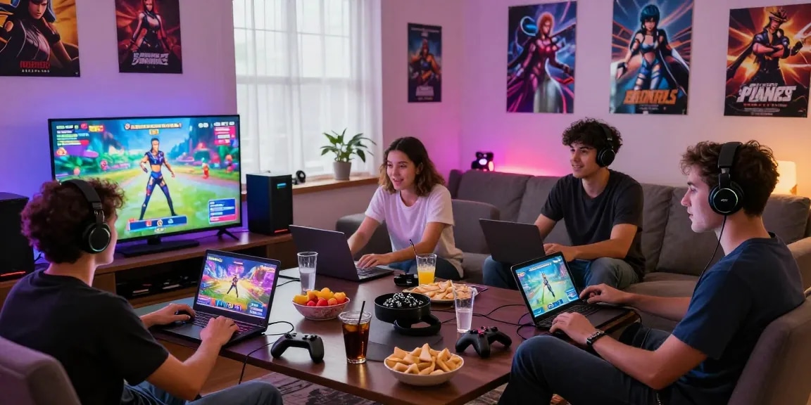 Group enjoying a porngame night with lively atmosphere and gaming devices.