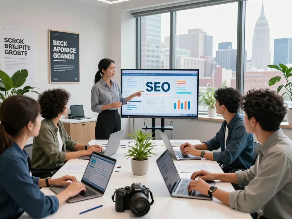 Best SEO Company NYC team collaborating in modern office with analytics and SEO tools