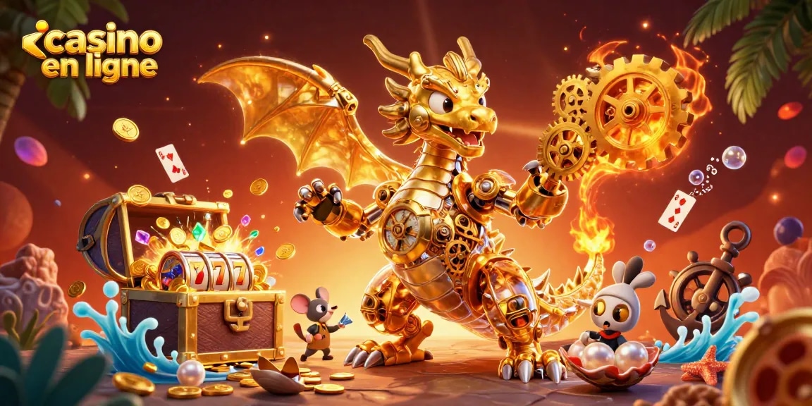 Découvrez des jeux captivants de casino en ligne avec un dragon doré et des machines à sous éclatantes.