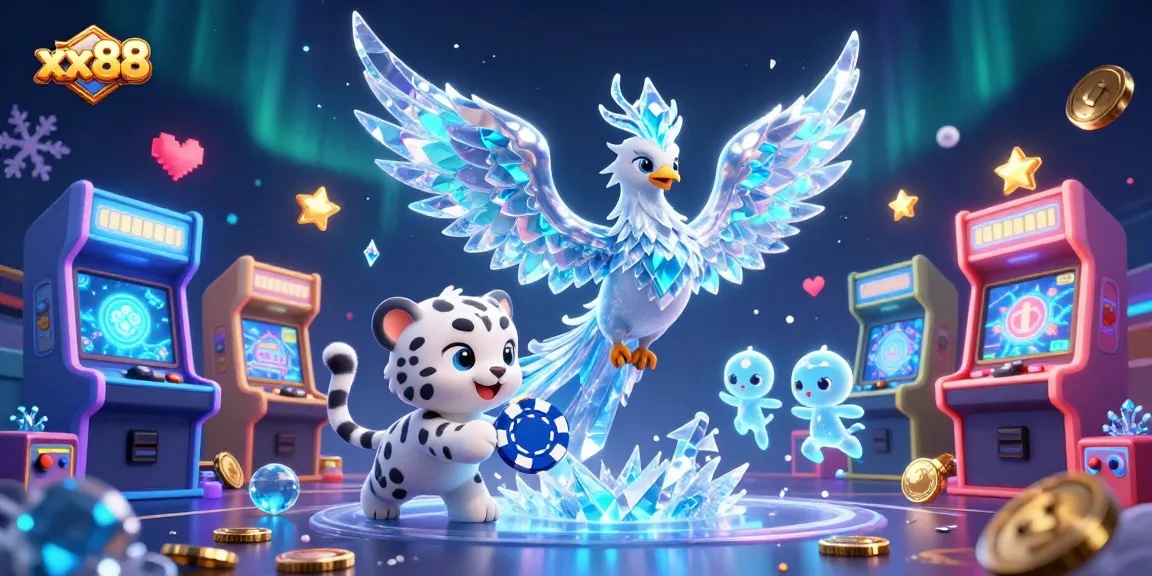 Engage in thrilling gameplay at xx88 with a stunning illustration of an ice phoenix and playful elements.