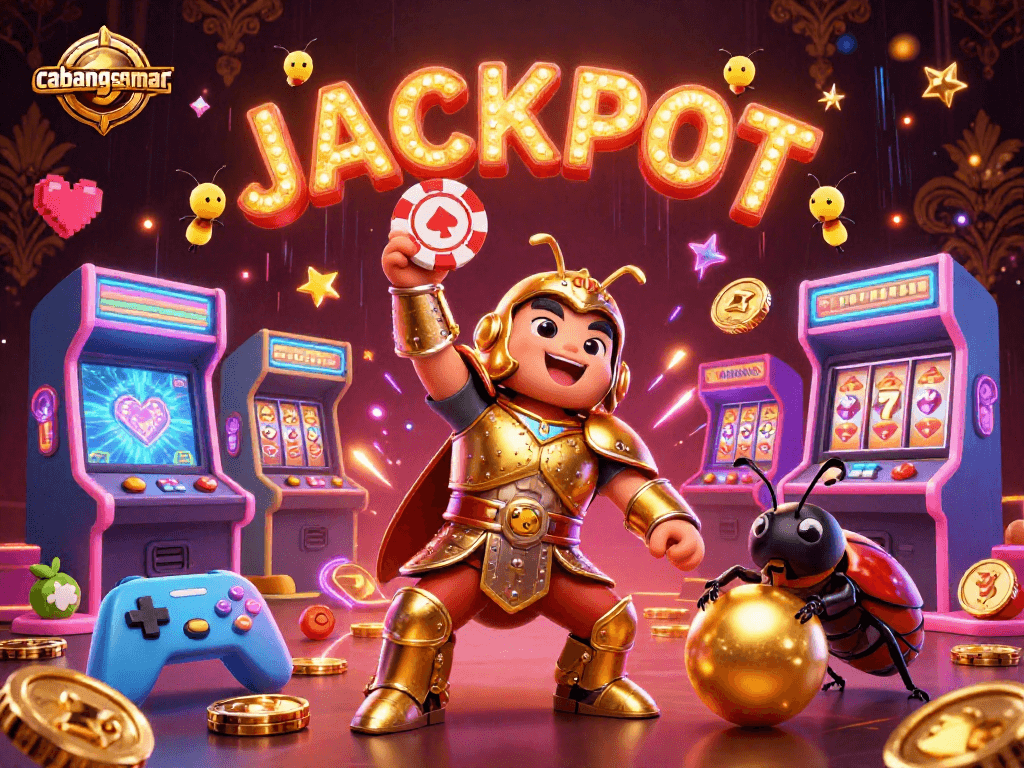 Menggulung jackpot di cabangsemar dengan ilustrasi karakter serangga 3D dalam suasana kasino yang gemerlap.