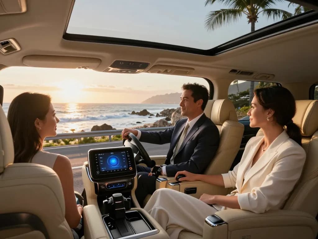 Trải nghiệm sự sang trọng của cho thuê xe Alphard với một cặp đôi tận hưởng chuyến đi xa hoa dọc theo con đường ven biển.