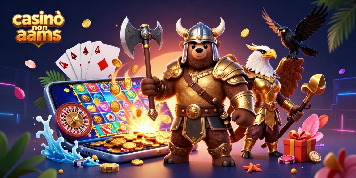 Casinò non aams offre giochi emozionanti come slot e roulette in un'illustrazione vivace e dettagliata.