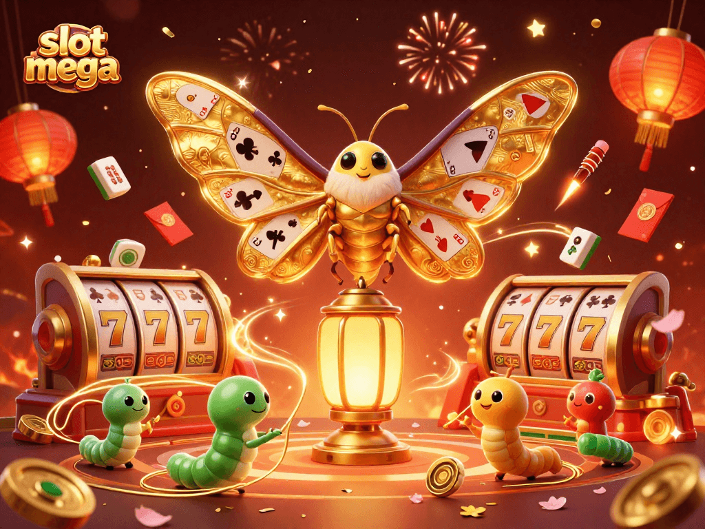 Spin the slot mega reels with vibrant characters and festive decorations creating a captivating casino scene.